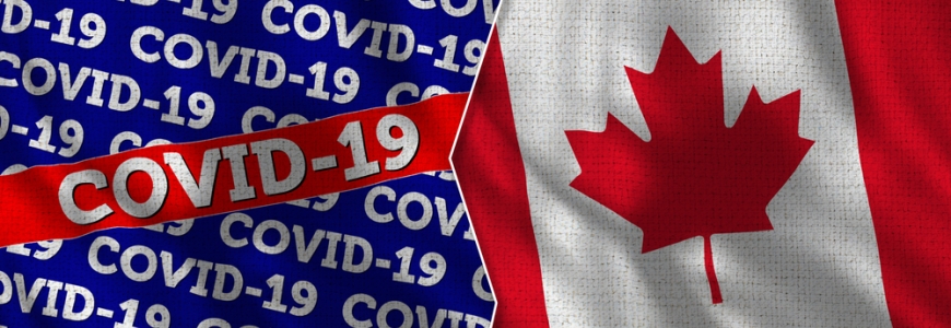 COVID-19 written on left on blue and red material with the Canada flag on the right. The images are separated by a white jagged line down the middle