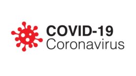 COVID-19 Coronavirus typed on a white background with a red coronavirus image on the left