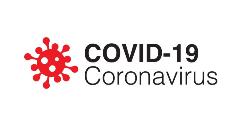 COVID-19 Coronavirus typed on a white background with a red coronavirus image on the left