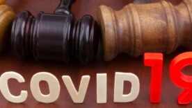 Four gavels lying next to each other on a wooden table with COVID 19 in front