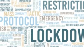 Multiple words with LOCKDOWN in big and other words representing lockdown all around it for example risk, suffering, restrictive, preemptive