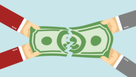 Cartoon of paper money being tugged and broken by two people in business suits