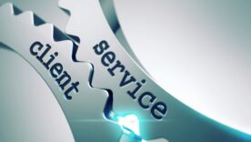 Teeth of mechanical gears with the words service and client on them