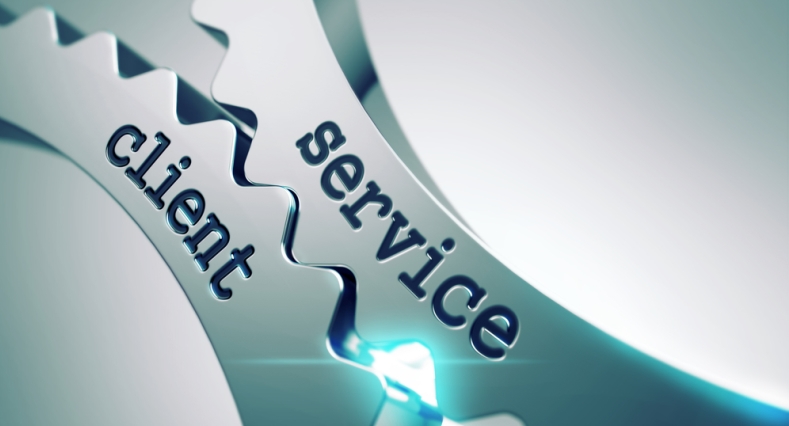 Teeth of mechanical gears with the words service and client on them
