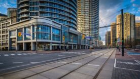 A photo of a normally busy downtown street in Mississauga completely empty with no one in site