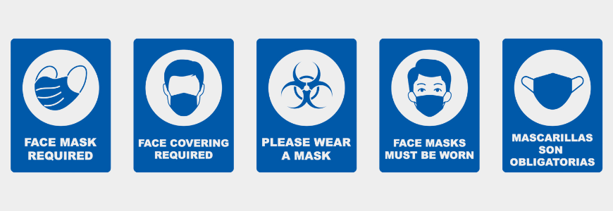 Five different signs showing that masks are required before entry