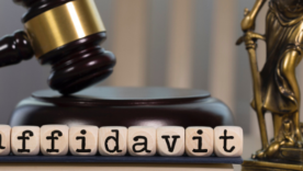 Word AFFIDAVIT composed of wooden dices. Wooden gavel and statue of Themis in the background.