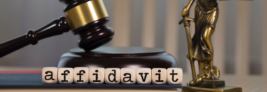 Word AFFIDAVIT composed of wooden dices. Wooden gavel and statue of Themis in the background.