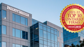 Pallett Valo building with a Top 10 Ontario Regional Law Firm badge over the top of the building