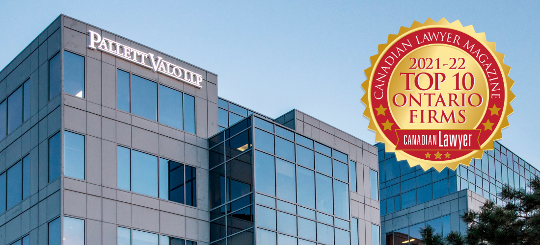 Pallett Valo building with a Top 10 Ontario Regional Law Firm badge over the top of the building