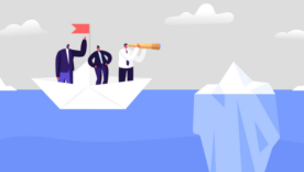 Business Characters on Paper Boat Looking in Spyglass on Huge Iceberg in Sea, Adventure