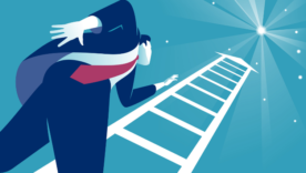 Businessman steps onto ladder pointing to the star