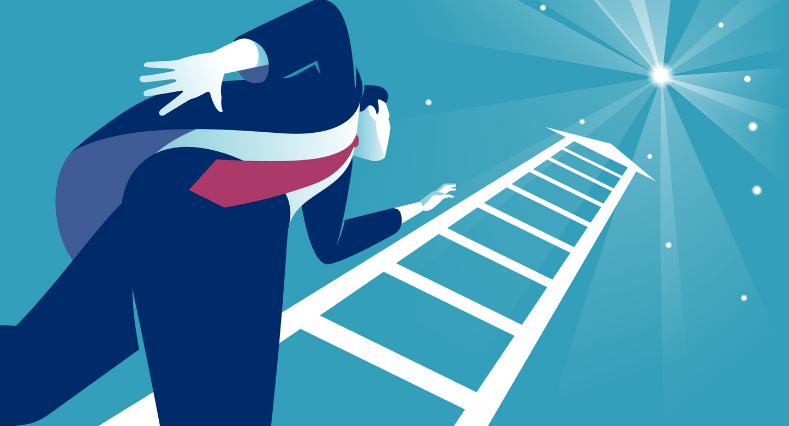 Businessman steps onto ladder pointing to the star