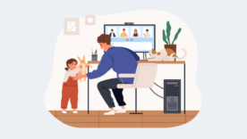 Cartoon illustration of father working from home while looking after a child