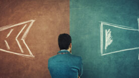 Puzzled businessman and a split blackboard with arrows going in two different ways red and blue side. Correct choice between left and right, failure or success.