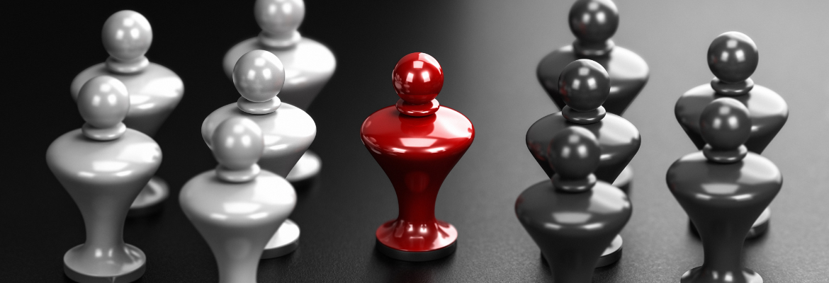 3D illustration of two groups of white and grey pawns and a arbitrator in the middle
