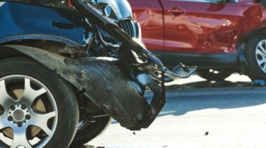 Car crash accident on road. damaged automobiles