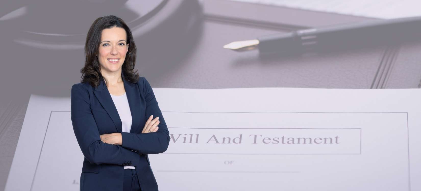 Andreea Muth with a faded image of a Will and Testament in the background
