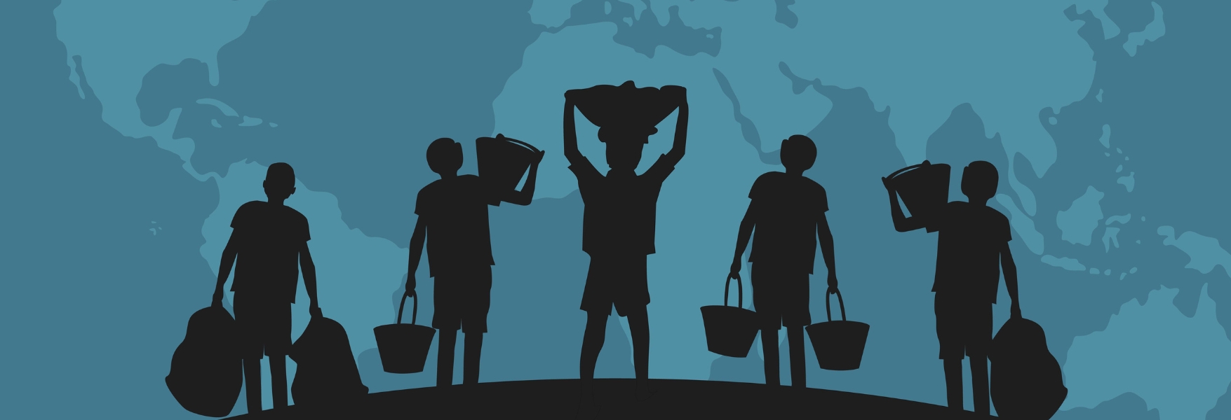 Child labour background with world map and children in black silhouette. Illustration concept of child abuse and exploitation.