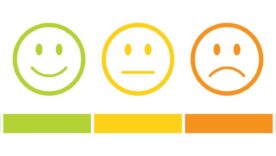 Rating emojis set in different colors outline with a rating scale.