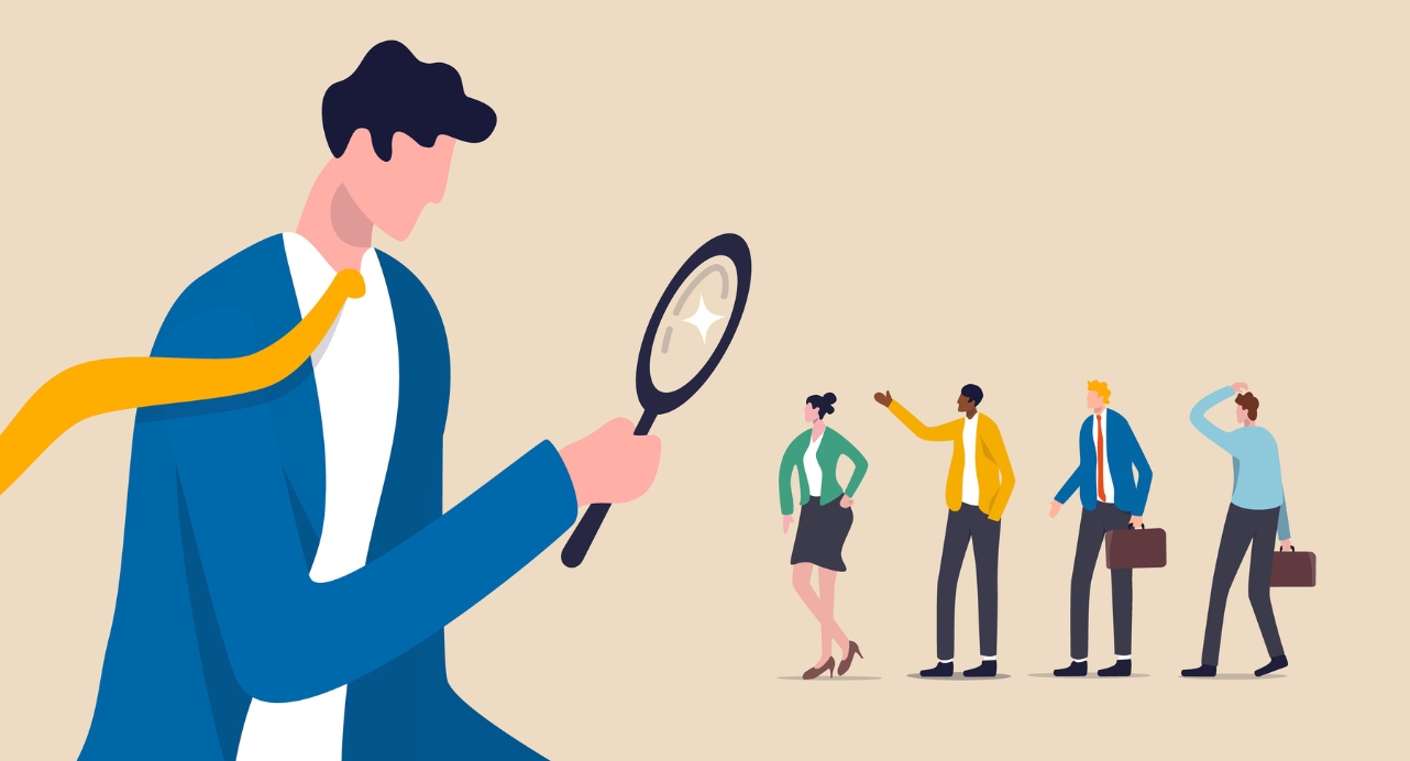 Recruitment searching for the best candidate or job. Main character using a magnifying glass to look closer as competing people.