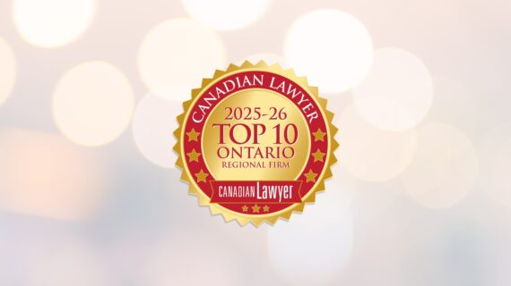 Canadian Lawyer 2025-26 Top 10 Ontario Regional Firm logo on a blurred background