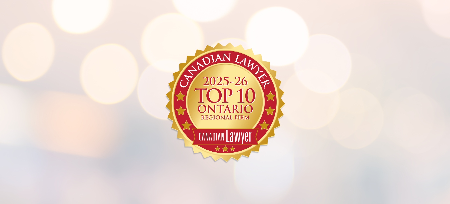 Canadian Lawyer 2025-26 Top 10 Ontario Regional Firm logo on a blurred background