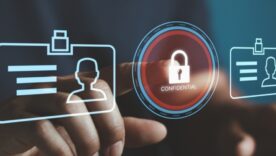 A person interacts with digital ID cards and a "Confidential" lock icon, emphasizing data security and privacy.