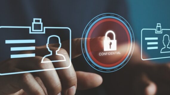 A person interacts with digital ID cards and a "Confidential" lock icon, emphasizing data security and privacy.