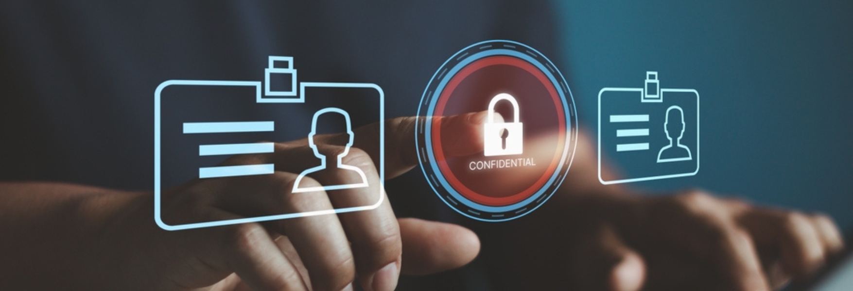 A person interacts with digital ID cards and a "Confidential" lock icon, emphasizing data security and privacy.
