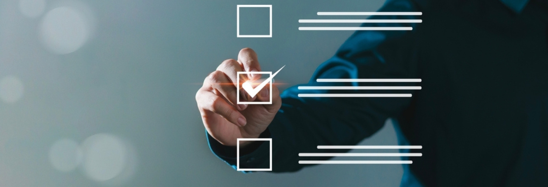 A hand selects a checkbox with a checkmark, symbolizing task completion, with blurred lines and circles in the background.