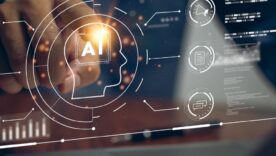 Artificial intelligence digital concept with AI infographics illuminated on a dark screen background