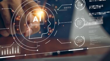 Artificial intelligence digital concept with AI infographics illuminated on a dark screen background