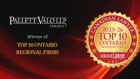 Red background with Pallett Valo logo and Canadian Lawyer 2025-26 Top 10 Ontario Regional Firm logo