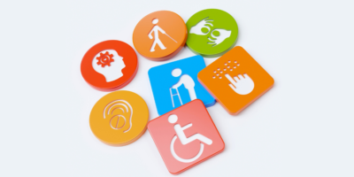 A collection of colorful icons representing various accessibility features, including mobility, hearing, and vision aids on a light background.