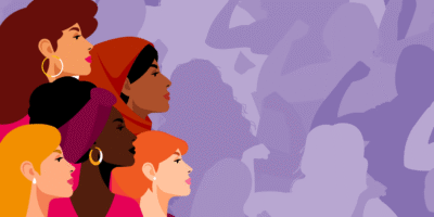A vibrant illustration of diverse women in profile against a soft purple backdrop, showcasing unity and empowerment.