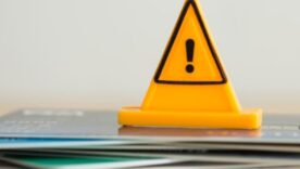 Close up yellow triangle emergency warning sign placed on a stack of credit cards