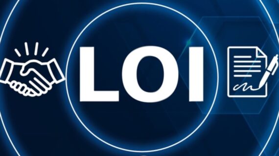Graphic illustrating "LOI" with a handshake symbol and a document being signed, set against a blue technology-themed background.