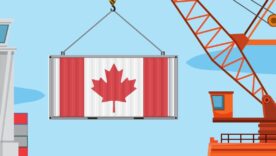 Illustration of a cargo ship and crane unloading a shipping container painted with the Canadian flag, representing international trade and tariffs.