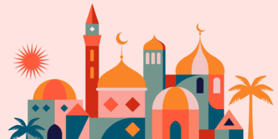 Colorful abstract depiction of a Middle Eastern cityscape featuring domes, minarets, and palm trees against a soft pink background.