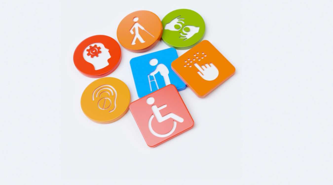 A variety of colorful icons representing different accessibility features, including mobility, hearing, vision, and cognitive support.