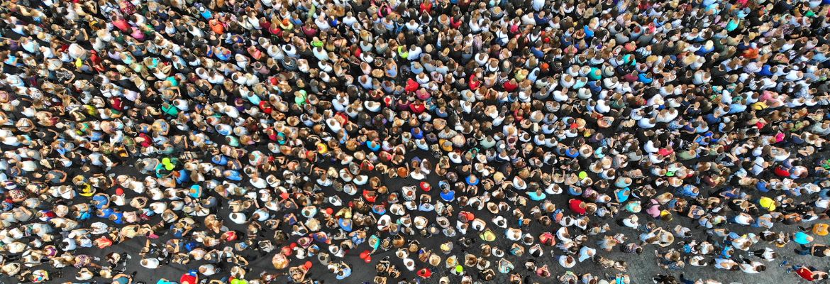 Aerial view of a large crowd gathered on a street