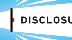Megphone icon with word disclosure in white banner on blue background