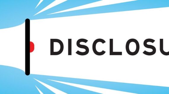 Megphone icon with word disclosure in white banner on blue background