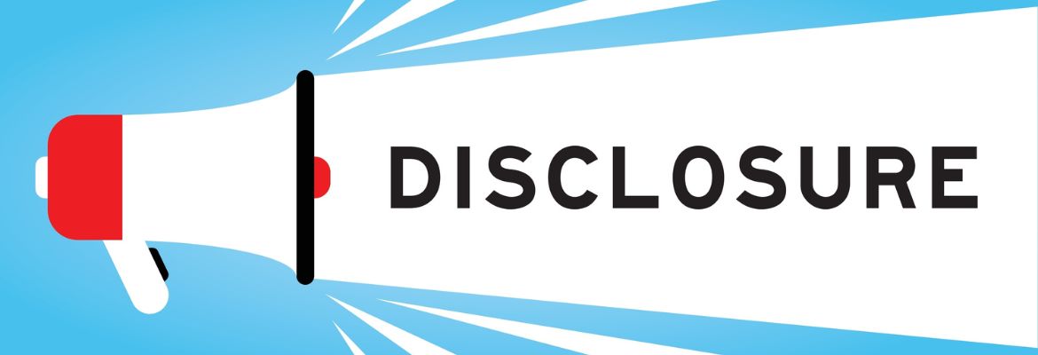 Megphone icon with word disclosure in white banner on blue background