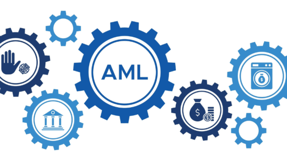 AML (Anti-Money Laundering) Banner Concept Featuring Icons for Bank Security, Income Tracking, and Anti-Laundering Measures