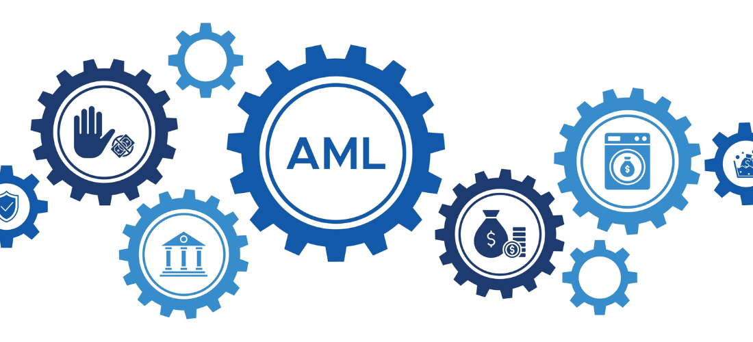 AML (Anti-Money Laundering) Banner Concept Featuring Icons for Bank Security, Income Tracking, and Anti-Laundering Measures