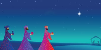 Abstract 3 kings looking at star in dark night background
