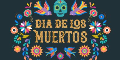 Dia de los moertos, banner - a black background with words surrounded by drawings of a skull, birds and flowers