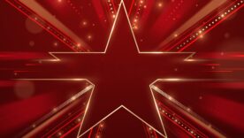 Red luxury award ceremony background with moving gold stars, light beams and ribbon decorations.